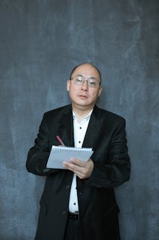 A focused businessman in formal attire holding a notebook against a neutral background.