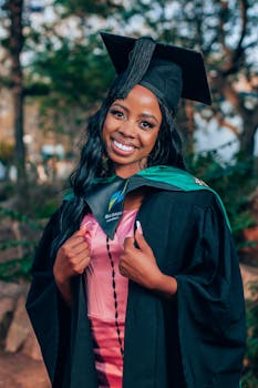 A joyful African female graduate in cap and gown celebrating outdoors on graduation day.