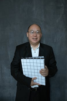 Confident man in a suit holding a document folder against a dark backdrop.
